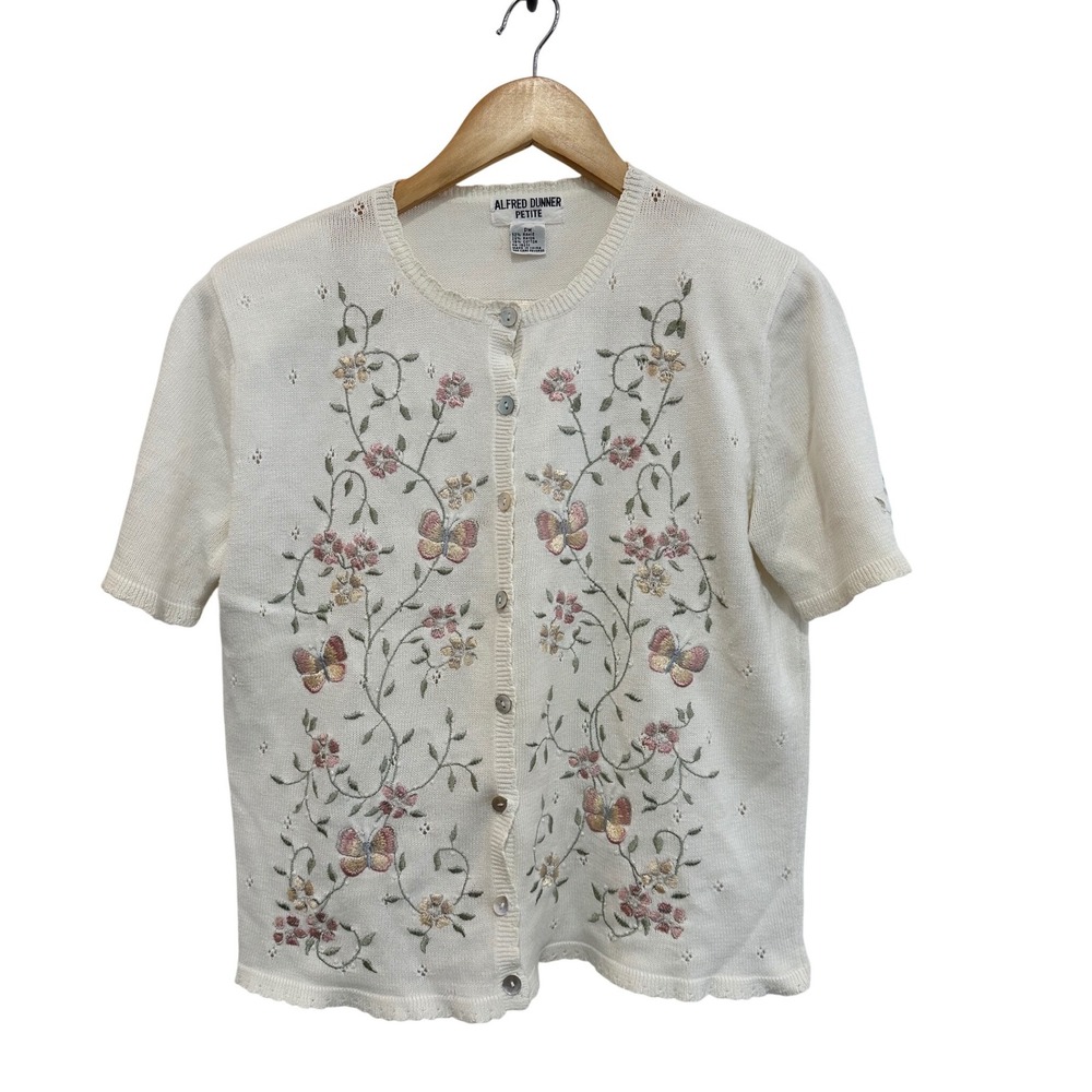 Alfred Dunner Petite Cream Floral Butterfly Embroidered Cardigan Cottagecore M